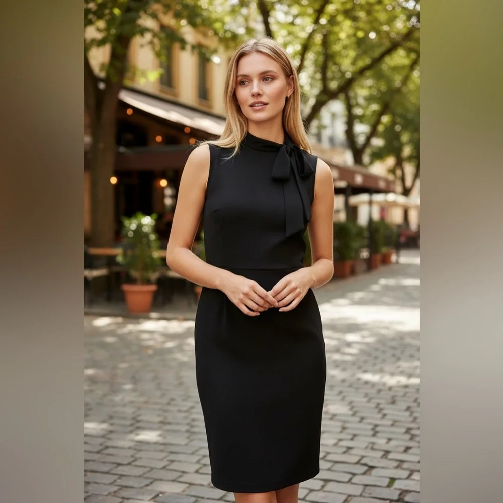 Calvin Klein Black Midi Dress with Bow Tie at Neckline Backside Zip Up Size 12 - Picture 2 of 15
